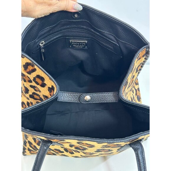 Claudia Firenze Leopard Print Calf Hair Black Leather Tote Vtg Italy Double Hand - Picture 6 of 16